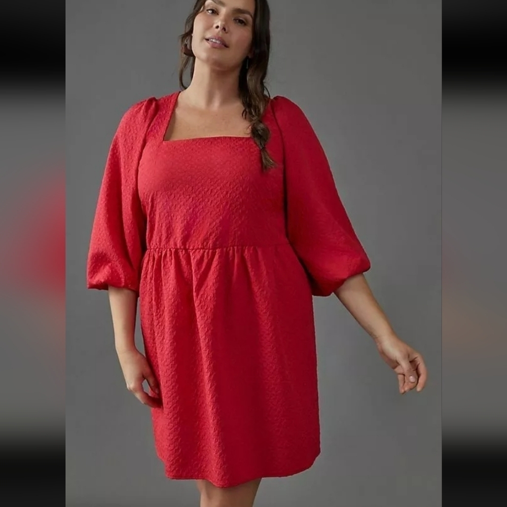 Anthropologie Amadi Esther Quarter Sleeve Mini Oversized Red Dress Size Small.